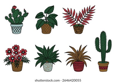 Conjunto de plantas em vaso interiores desenhadas à mão e ilustração de cactos