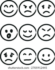 Set of hand-drawn ink emoji faces