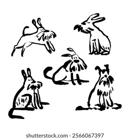 A set of hand-drawn ink illustrations of schnauzer dogs in various poses. The naive black doodle style highlights simplicity and whimsical charm.