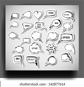 Set of hand-drawn ink speech and thought bubbles with realistic shadows. Doodle vector illustration.