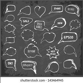 Set of hand-drawn ink speech and thought bubbles on black chalkboard for your design. Doodle vector illustration.