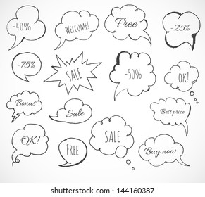 Set of hand-drawn ink speech and thought bubbles for your design. Sketches of speech bubbles. Doodle vector illustration.