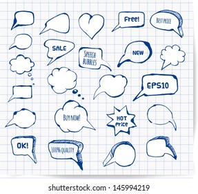 Set of hand-drawn ink speech and thought bubbles for your design. Pen sketch. Doodle vector illustration. 