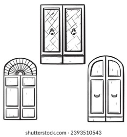 Set. Hand-drawn ink vector. Italian wooden door with elegant wrought iron handles. Glass on the facade. Closed entry. Double oak doors. for logos sketches and exterior elements of homes and buildings