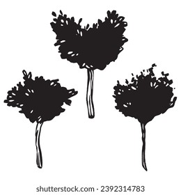 Set. Hand-drawn ink vector. Sketch of a mandarin tree. Logo concept. Outline of an Italian flora. A garden and urban feature. Architectural exterior. Perfect for prints and logos. Heart-shaped