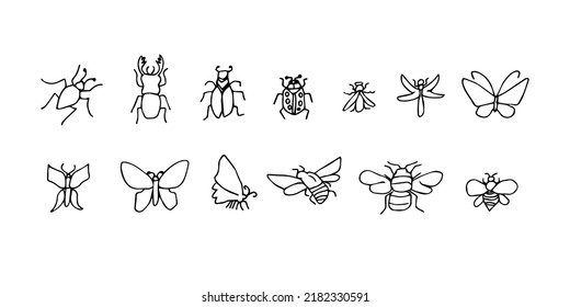 A set of hand-drawn insect lines. Silhouette doodle illustration.