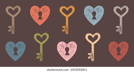 Set of Hand-drawn Isolated Objects Hearts and Keys of Different Colors. Style of Children's Drawing. Kit of Textured Drawn Simple Symbols for Romantic Design and Decoration.