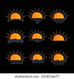 
set of hand-drawn isolated sun vectors, summer Sunrise Sunset sunshine sun logo icon, Rising sunlight icon, sunshine sunrise Boho, line art Yellow sun collection, hot weather icon
