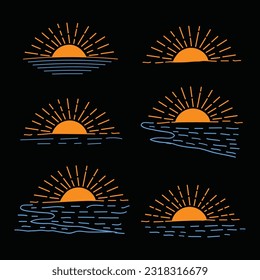 
set of hand-drawn isolated sun vectors, summer Sunrise Sunset sunshine sun logo icon, Rising sunlight icon, sunshine sunrise Boho, line art Yellow sun collection, hot weather icon

