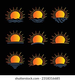 
set of hand-drawn isolated sun vectors, summer Sunrise Sunset sunshine sun logo icon, Rising sunlight icon, sunshine sunrise Boho, line art Yellow sun collection, hot weather icon
