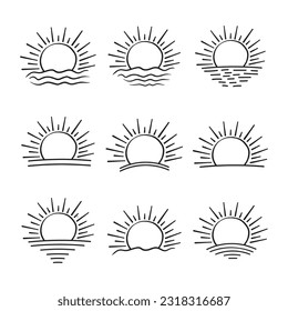 
set of hand-drawn isolated sun vectors, summer Sunrise Sunset sunshine sun logo icon, Rising sunlight icon, sunshine sunrise Boho, line art Yellow sun collection, hot weather icon
