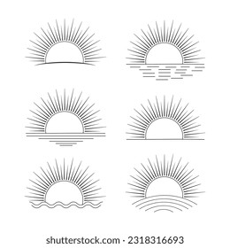 
set of hand-drawn isolated sun vectors, summer Sunrise Sunset sunshine sun logo icon, Rising sunlight icon, sunshine sunrise Boho, line art Yellow sun collection, hot weather icon
