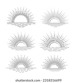 
set of hand-drawn isolated sun vectors, summer Sunrise Sunset sunshine sun logo icon, Rising sunlight icon, sunshine sunrise Boho, line art Yellow sun collection, hot weather icon
