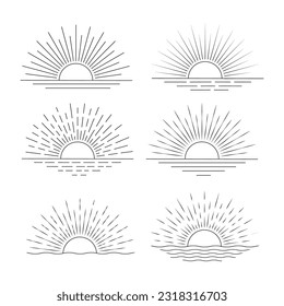 
conjunto de vectores solares aislados dibujados a mano, verano Sunrise Sunset sunshine sun logo icono, Rising sunlight icon, sunshine sunrise sunrise Boho, line art Colección de sol amarillo, hot weather icon
