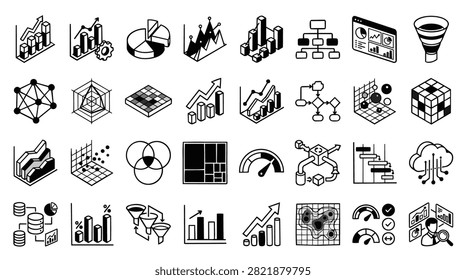A set of hand-drawn isometric icons representing data analysis, business charts, and organizational structures.
