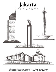 Set of hand-drawn Jakarta buildings. Jakarta elements sketch vector illustration. National Monument , Istiklal Mosque.