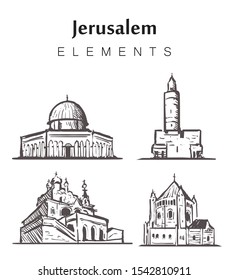 Set of hand-drawn Jerusalem buildings, elements sketch vector illustration. Dome Of The Rock Mosque, Church Of St. Mary Magdalene, Tower Of David.