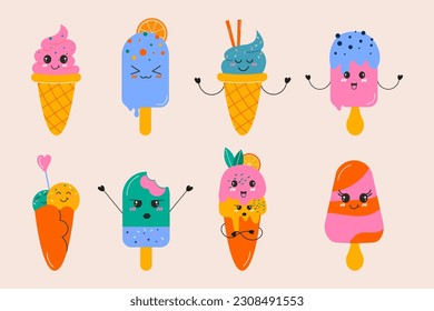A set of hand-drawn kawaii different  ice cream. Hand drawn flat design