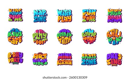 Set of Hand-Drawn Kids Zone Stickers. The Lettering Room Names, Badges and Patches, Logo