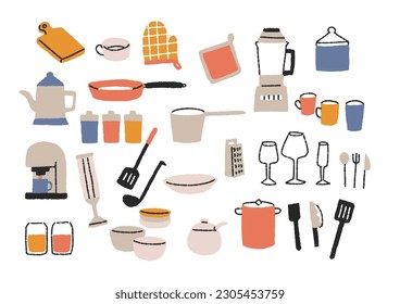  A set of hand-drawn kitchen accessories warm line drawings
