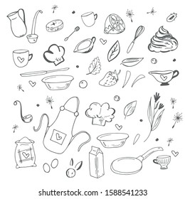 Set of handdrawn kitchen tools and ingredients for pancakes. Signboard for cafe, restaurant, bakery. Vector illustration for interior, textile, cover design. Pattern on white background.