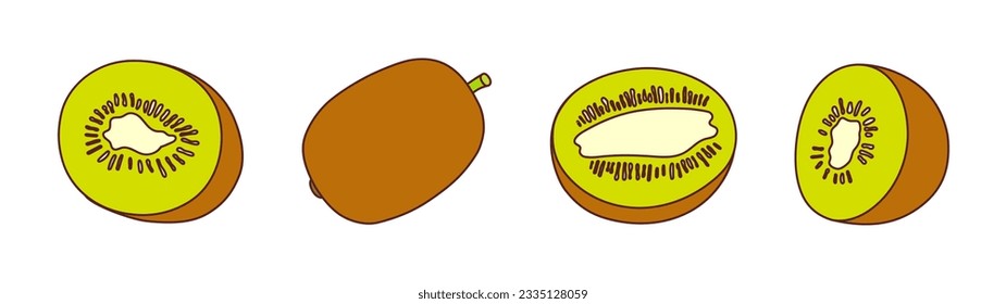 Set of hand-drawn kiwis on a transparent background. Isolated vector illustration of juicy fruit