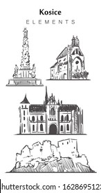 Conjunto de Elementos de edificios Kosice dibujados a mano Ilustración vectorial de croquis.  La Iglesia de San Miguel Arcángel, la columna de la Peste, Castillo Spissky Hrad.