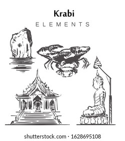 Set of hand-drawn Krabi buildings  elements sketch vector illustration. The temple of the tiger Cave, White temple, Poda Island.