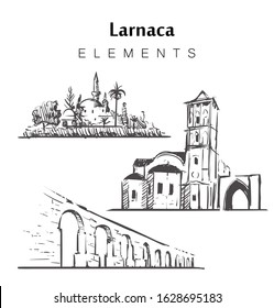 Set of hand-drawn Larnaca buildings  elements sketch vector illustration. The Hala Sultan Tekke, The Church Of Saint Lazarus, The Kamares Aqueduct. svg