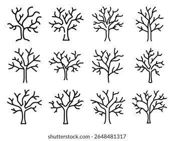 Set of Hand-Drawn Leafless Tree Silhouettes in Black Line Art Style – Winter Bare Trees Icons Collection for Nature, Forest, or Seasonal Design Elements