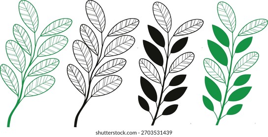Set of hand-drawn leaves branches vector illustration. Botanical doodle foliage collection in various styles.
