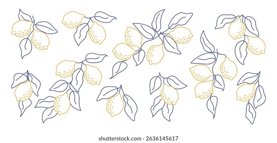 Set of hand-drawn lemon branches in minimal line art style. Perfect for modern aesthetics, botanical designs, kitchen decor, packaging, fabric patterns, summer-themed projects. Vector illustration