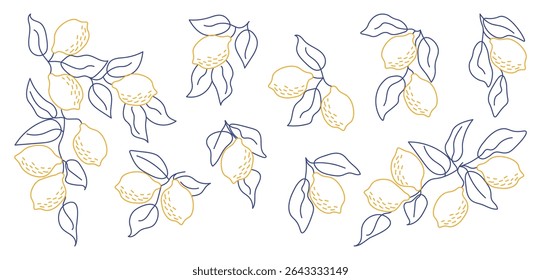 Set of hand-drawn lemon branches in minimal line art style. Perfect for modern aesthetics, botanical designs, kitchen decor, packaging, fabric patterns, summer-themed projects. Vector illustration