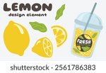 a set of hand-drawn lemon elements, includes a whole lemon, slices, leaves, and a refreshing lemonade drink in a plastic cup with a straw, for branding, print, packaging, social media