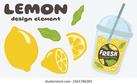 a set of hand-drawn lemon elements, includes a whole lemon, slices, leaves, and a refreshing lemonade drink in a plastic cup with a straw, for branding, print, packaging, social media