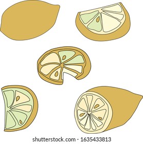 A set of hand-drawn lemons (slices, full lemon, half a lemon) vector illustration