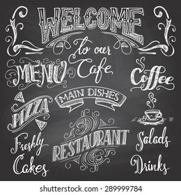 Set of hand-drawn lettering for cafes and restaurants on the chalkboard background