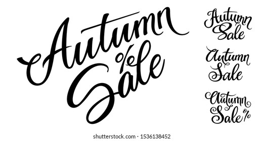 Set of handdrawn lettering composition Autumn Sale on the white background. Seasonal handwritten design element for black friday offer banner, vector illustration.