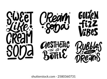 Set Hand-drawn lettering "Cream Soda" with the phrase in bold, playful style. Perfect for beverage branding, posters, and trendy merchandise.