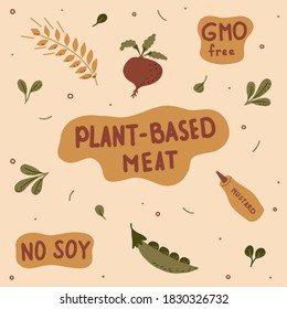 Set of hand-drawn lettering and green plants with the ingredients of plant-based meat. Vector illustration. 