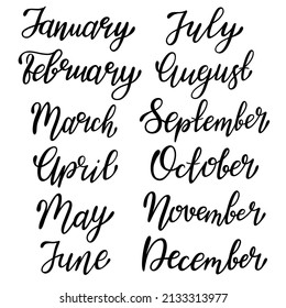 Set hand-drawn lettering months names of year. January, February, March, April, May, June, July, August, September, October, November, December. Template for calendar and organizers.