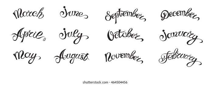 Set hand-drawn lettering with months names of year, black on white. Vector illustration.