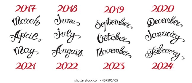 Set hand-drawn lettering months names and namber of year. Vector illustration.