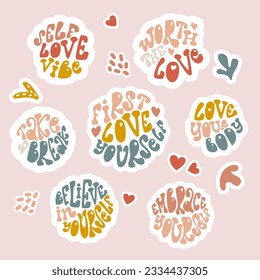 Set of handdrawn lettering stickers about self love. Worth the love, love your body, take a break, embrace yourself.