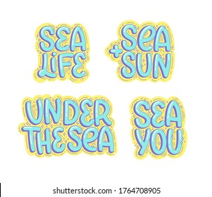 Set of hand-drawn lettering.  Vector sea phrases in vivid colors on white background.