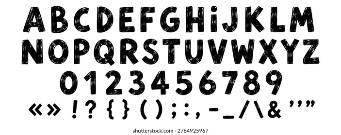 Set of hand-drawn letters, numbers and punctuation marks with a sketchy, textured style, isolated on a white background.