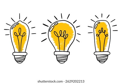 Set of Hand-Drawn Light Bulb Illustrations. Doodle Sketch of Glowing Bulbs Symbolizing Creativity, Inspiration, and Ideas. Yellow and Black Color on White Background.