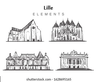 Set of hand-drawn Lille buildings  elements sketch vector illustration. The Opera house, Cathedral Notre Dame de La Treille and the Palace of fine arts, Church of Saint-Maurice.