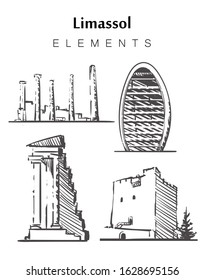 Set of hand-drawn Limassol buildings  elements sketch vector illustration. Ruins of the Ancient city of Kourion, Kolossi Castle