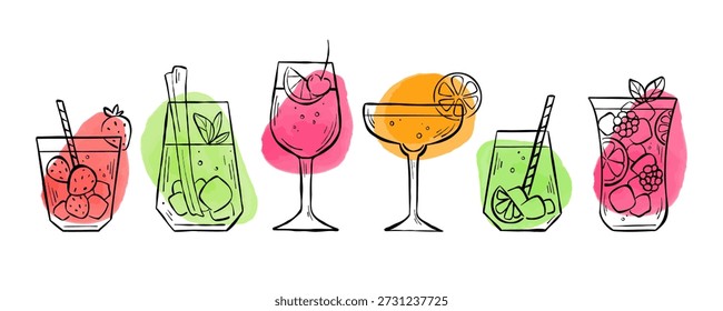 Conjunto de arte de línea dibujado a mano con diferentes tipos de cócteles aislados sobre un fondo blanco. Colección de ilustración de boceto de bebidas de fiesta para logotipo, pegatina, menú o Anuncio de Web.